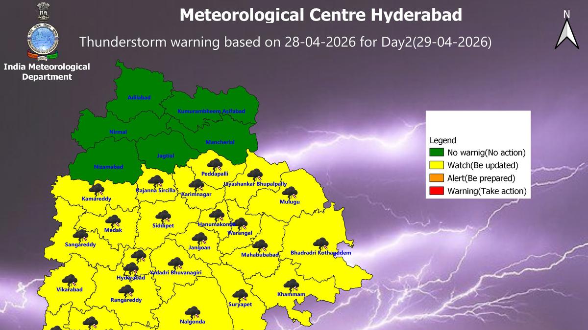 Thunderstorm forecast in 27 Telangana districts on April 29